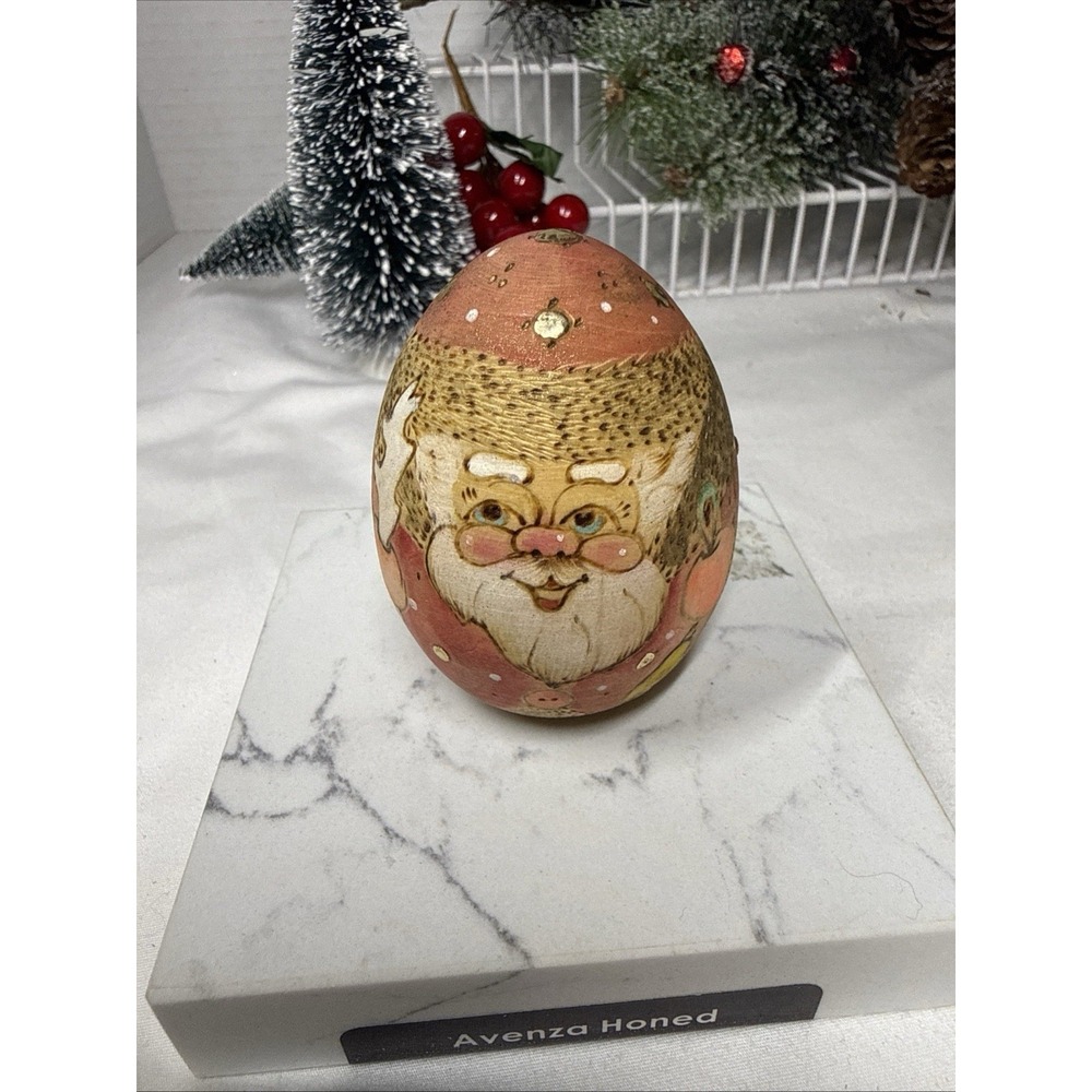 Vintage Hand Painted Wooden Egg Santa Claus Russian Folk Art Decor Signed 3"